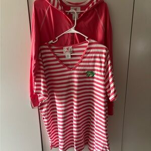 Quacker Factory Pink and White Striped 2 piece jacket and t-shirt